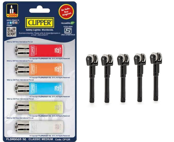 Clipper Refillable Cigarette Lighters (CP12)- 5 PCS And Flint System 5 Pcs Combo