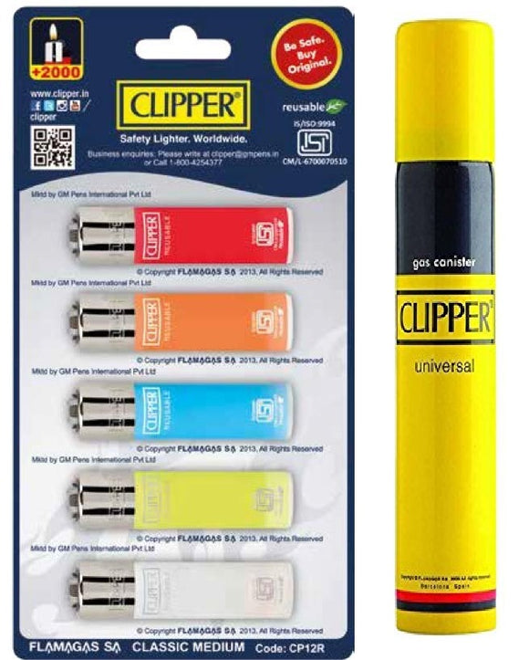 Clipper Refillable Cigarette Lighters (CP12)- 5 PCS + 100 ml Gas Can