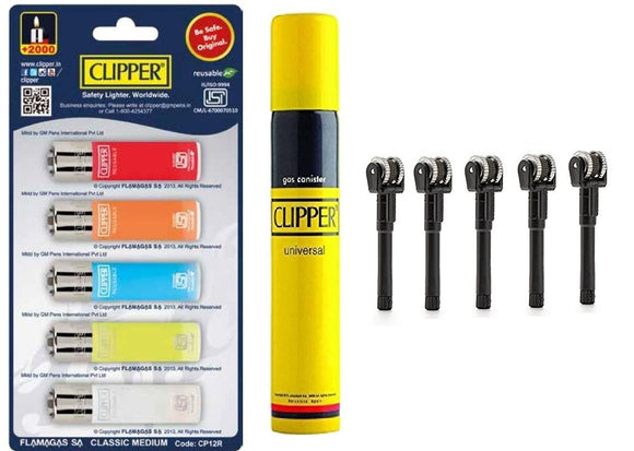 Clipper Refillable Cigarette Lighters (CP12)- 5 PCS + 100 ml Gas Can + 5 Flint System