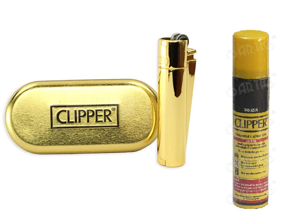 Clipper Metal Cigarette Lighter with Designer Box, Gold with Lighter Gas Refill Can 100ml, Combo