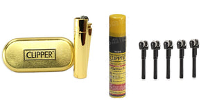 Clipper Metal Cigarette Lighter, Gold with Refill Can 100ml, with Flint System 5 pcs
