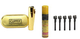 Clipper Metal Cigarette Lighter, Gold with Refill Can 100ml, with Flint System 5 pcs