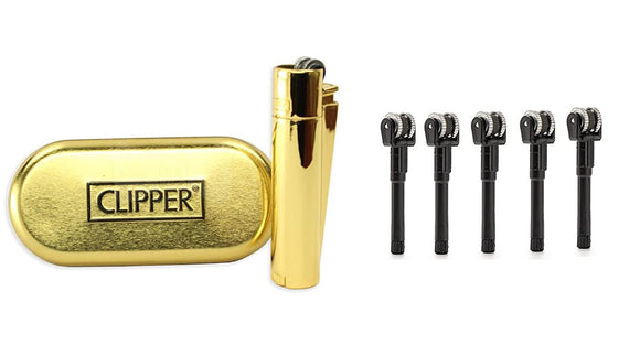Clipper Metal Cigarette Lighter with Designer Box, Gold with Flint System 5 pcs