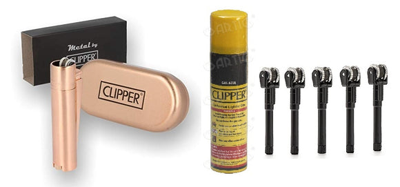 Clipper Metal Cigarette Lighter, Rose Gold with Refill Can 100ml, with Flint System 5 pcs
