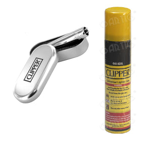 Clipper Metal Cigarette Lighter with Designer Box, Silver with Lighter Gas Refill Can 100ml