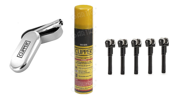 Clipper Metal Cigarette Lighter, Silver with Refill Can 100ml, with Flint System 5 pcs