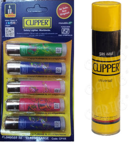 Clipper Refillable Large Cigarette Lighters (Colour Instrument)- 5 PCS + 550ml Gas Can
