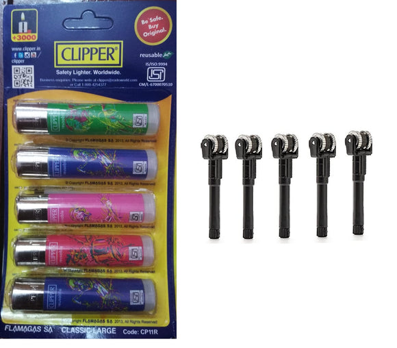 Clipper Refillable Large Cigarette Lighters (Colour Instrument) And Flint System- 5 PCS