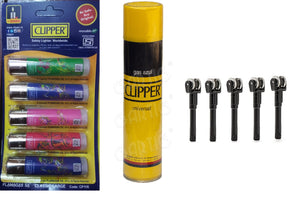 Clipper Refillable Large Cigrette Lighters (Colour Instrument)- 5 PCS + 550ml Gas Can + Flint System 5pcs