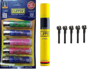 Clipper Refillable Large Cigrette Lighters (Colour Instrument)- 5 PCS + 100ml Gas Can + Flint System 5pcs