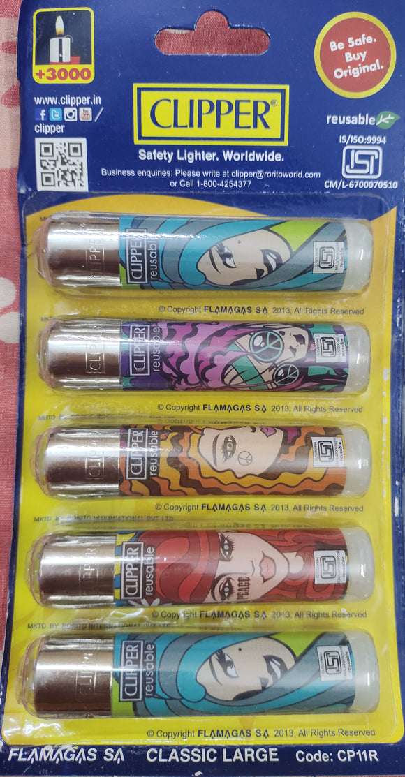 Clipper Refillable Large Cigarette Lighters (Hippie Hair)- 5 PCS