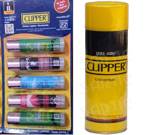 Clipper Refillable Large Cigarette Lighters (Winter Sports)- 5 PCS + 550ml Gas Can