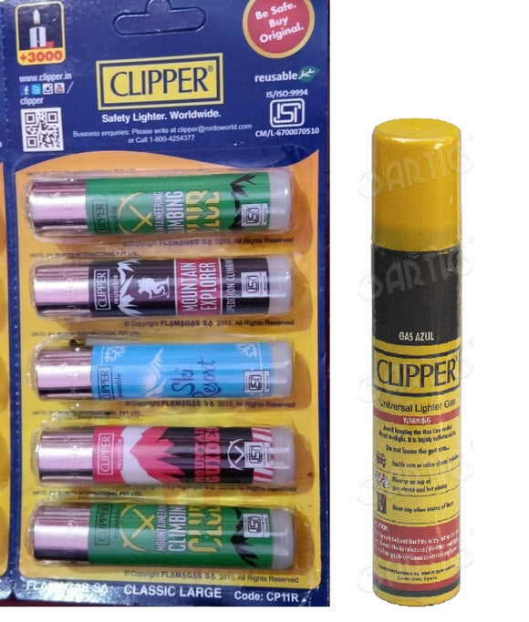 Clipper Refillable Large Cigarette Lighters (Winter Sports)- 5 PCS + 100ml Gas Can