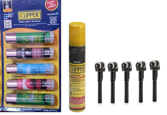 Clipper Refillable Large Cigarette Lighters (Winter Sports)- 5 PCS + 100ml Gas Can + Flint System 5 pcs