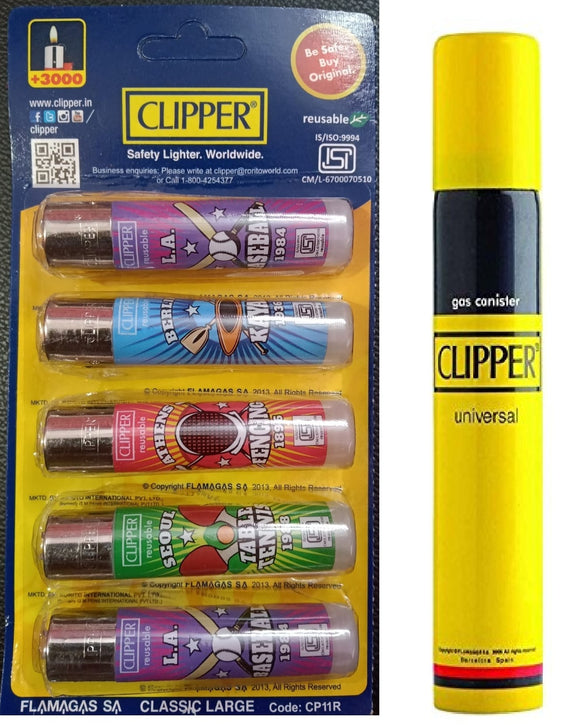 Clipper Refillable Large Cigarette Lighters (World Tour 22)- 5 PCS + 550ml Gas Can