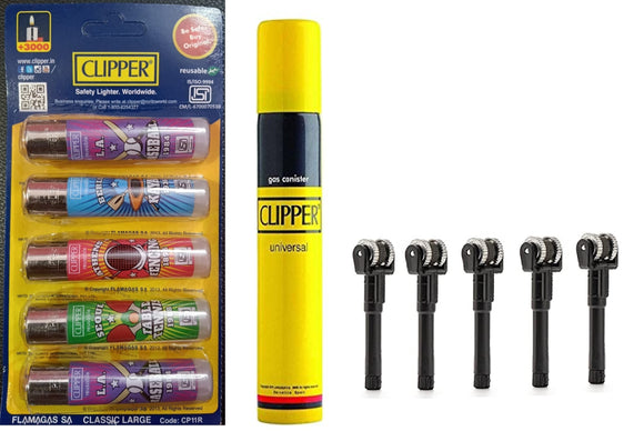 Clipper Refillable Large Cigarette Lighters (World Tour 22)- 5 PCS + 550ml Gas Can + Flint System 5 pcs