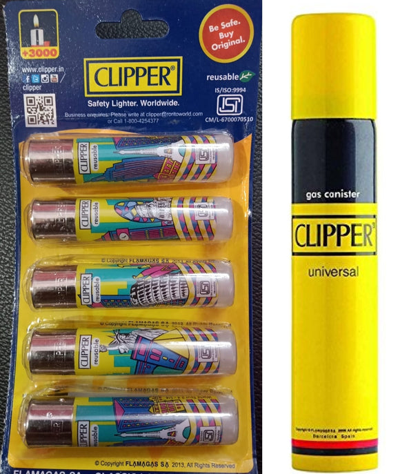 Clipper Refillable Large Cigarette Lighters (World Tour 23)- 5 PCS + 100ml Gas Can