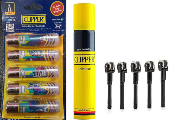 Clipper Refillable Large Cigarette Lighters (World Tour 23)- 5 PCS + 550ml Gas Can + Flint System 5 pcs
