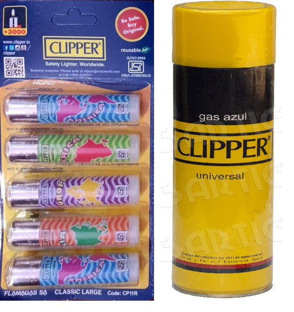 Clipper Refillable Large Cigarette Lighters (World Tour 24)- 5 PCS + 550ml Gas Can