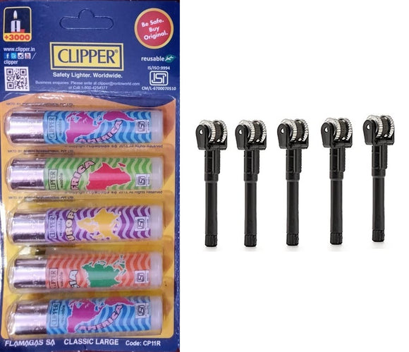 Clipper Refillable Large Cigarette Lighters (World Tour 24) And Flint System- 5 PCS