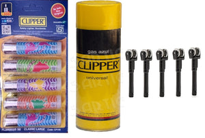 Clipper Refillable Large Cigarette Lighters (World Tour 24)- 5 PCS + 550ml Gas Can + Flint System 5 pcs