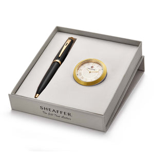 Sheaffer 9322 Gift Set Ballpoint Pen – Black With Gold Tone And Gold-Chrome Table Clock